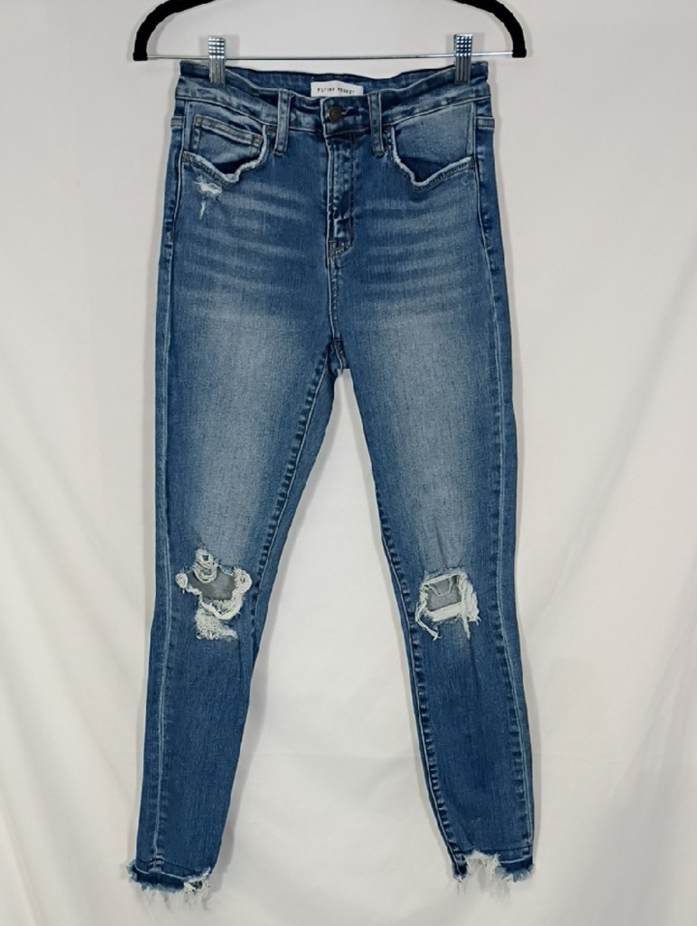 EUC Flying Monkey Skinny Jeans Medium Blue Distressed Knees Raw Hem Ankle Sz 26
